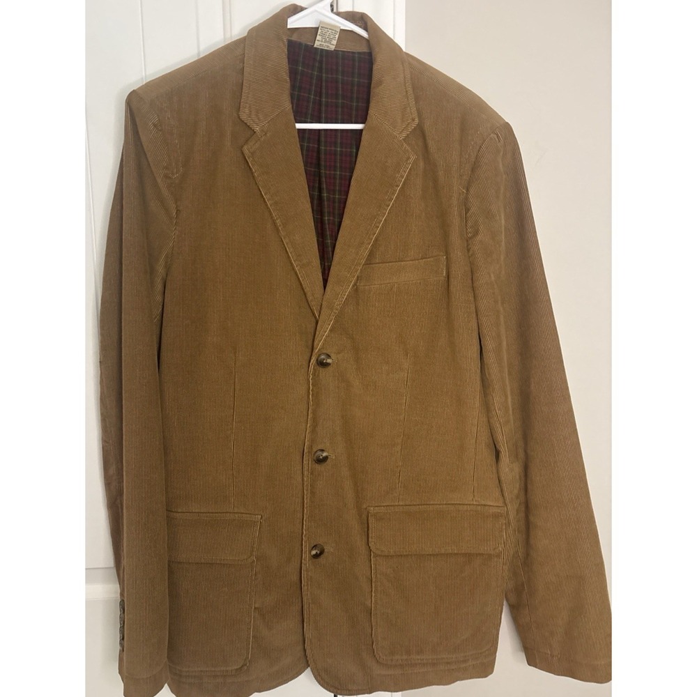 L.L. Bean Men Tan Brown Corduroy Blazer Jacket 40 Tall 3Button Plaid Lined 0J5C8 - Picture 2 of 14